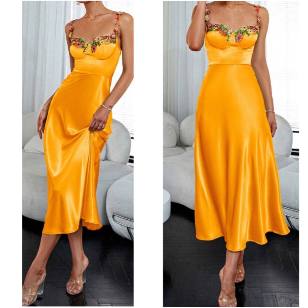 Luxe Floral Embroidered Satin Midi Evening party Midi Dress - Picture 4 of 9